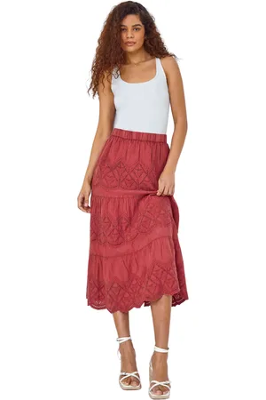 Roman Womens Broderie Elastic Waist A Line Tiered Midi Skirt - - Size 16 UK