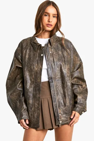 Boohoo Womens Vintage Look Faux Leather Bomber Jacket - Pu - Size Medium