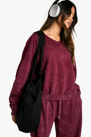 Boohoo Womens Overdyed V Neck Oversized Sweatshirt - Cotton - Size Small