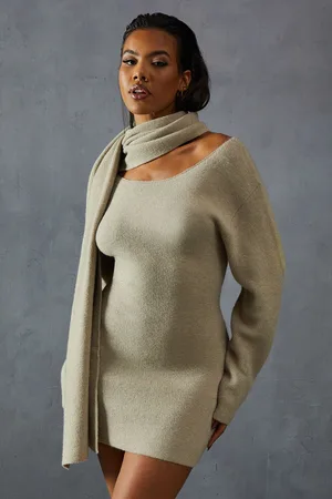 MissPap Womens Knitted Slash Neck Scarf Detail Mini Dress - - Size Medium/Large