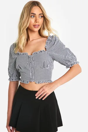 Boohoo Womens Gingham Frill Hem Puff Sleeve Crop Top - - Size Large