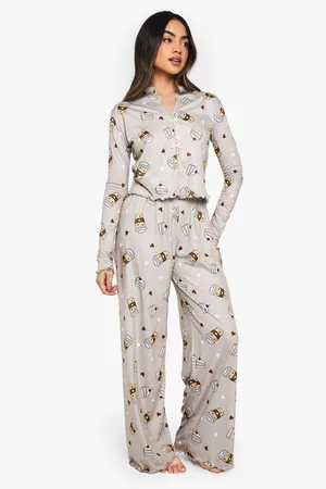 Boohoo Womens Coffee Print Bow Detail Long Sleeve Top & Trousers Pyjama Set - - Size 16 UK
