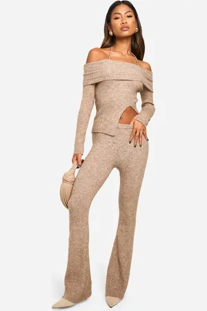 Boohoo Womens Rib Knit Bardot Split Hem Top & Flare Trouser Co-ord - - Size Large