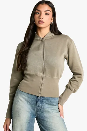 Boohoo Womens Deep Hem Zip Through Cropped Hoodie - Cotton - Size Large