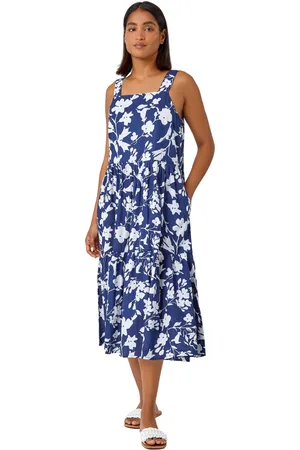Roman Womens Sleeveless Cotton Floral Midi Dress - - Size 12 UK