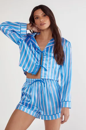 NASTY GAL Womens Stripe Satin Contrast Pipping Tie Front Shirt And Pajama Shorts Set - - Size Medium