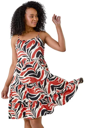 Roman Womens Petite Leaf Print Tiered Stretch Dress - - Size 16 UK
