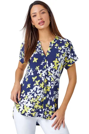 Roman Womens Floral Puff Print V-Neck Pleat Front Top - - Size 18 UK