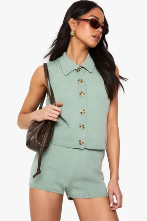 Boohoo Womens Collared Knitted Waistcoat and Short Set - viscose - Size Large