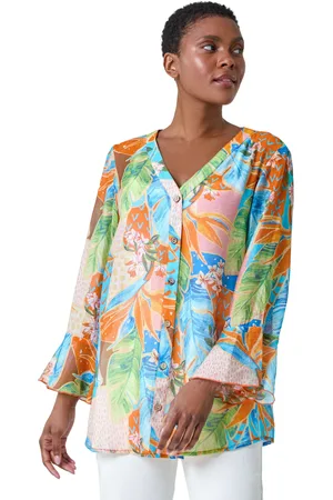 Roman Womens Tropical Print Frill Sleeve Top - - Size 14 UK