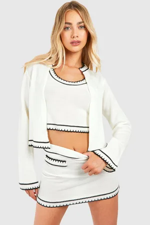 Boohoo Womens Contrast Stitch 3 Piece Knitted Cardigan, Crop Top And Mini Skirt Set - - Size Medium