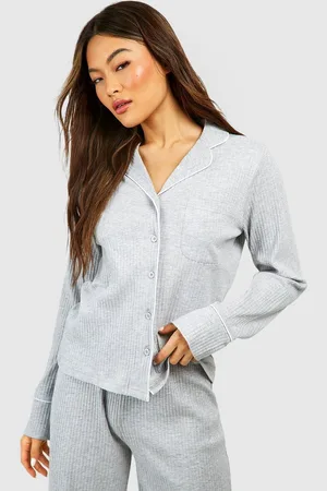 Boohoo Womens Loungewear Rib Piping Detail Long Sleeve Shirt - - Size 14 UK