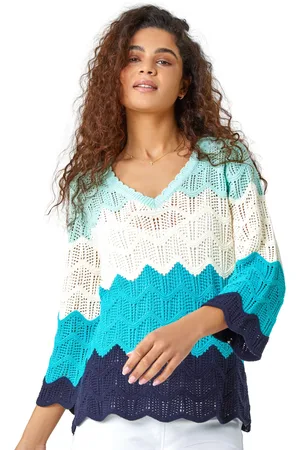Roman Womens Colour Block Crochet Knit Scalloped Jumper - - Size 16 UK
