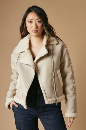 Oasis Womens PU Borg Detail Collared Zip Jacket - - Size Large