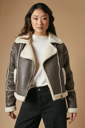 Oasis Womens PU Borg Detail Collared Zip Jacket - - Size Small