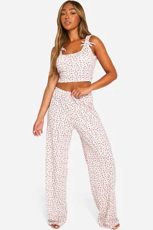 Boohoo Womens Ditsy Floral Print Bow Detail Vest & Trousers Pyjama Set - - Size 16 UK