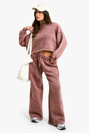 Boohoo Womens Petite Acid Wash Wide Leg and Cropped Sweatshirt Tracksuit - Cotton - Size Large
