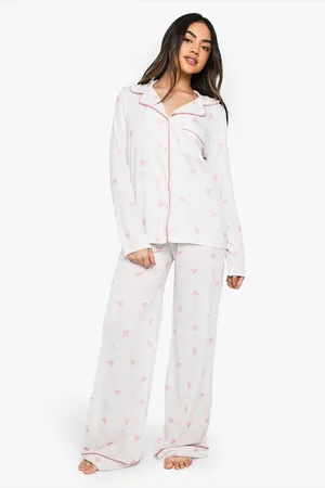 Boohoo Womens Bow Print Piping Detail Long Sleeve Shirt & Trousers Pyjama Set - - Size 6 UK