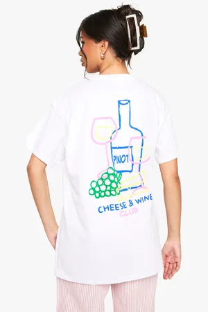 Boohoo Womens Cheese and Wine Club Oversized Printed T-shirt - Cotton - Size Medium