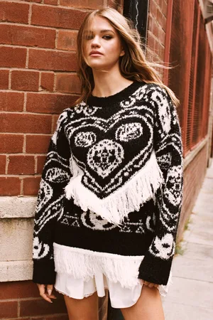 NASTY GAL Womens Mono Fringe Intarsia Sweater - - Size Large