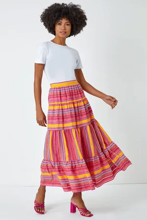 Roman Womens Tiered Striped Elastic Waist Maxi Skirt - - Size 16 UK