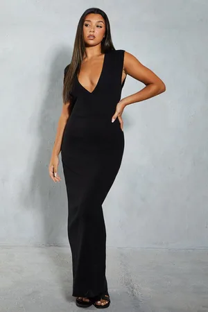 MissPap Womens Rib Knit Plunge Sleeveless Vest Fitted Maxi Dress - - Size Medium