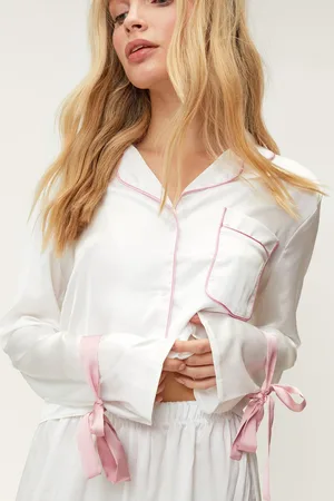 NASTY GAL Womens Satin Contrast Piping Tie Sleeve Pajama Pants Set - - Size Small