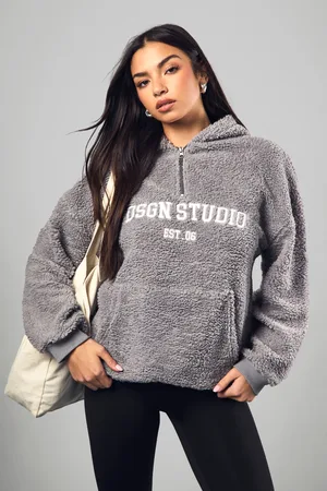 Boohoo Womens DSGN STUDIO EMBROIDERED BORG HALF ZIP HOODIE - - Size Small
