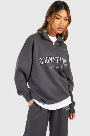 Boohoo Womens Dsgn Studio Applique Oversized Half Zip Sweatshirt - Cotton - Size 2XL