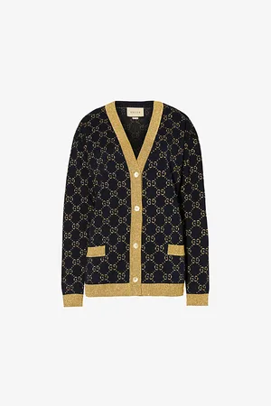Gucci Womens Monogram-Pattern Ribbed-Trim Cotton-Blend Knitted Cardigan