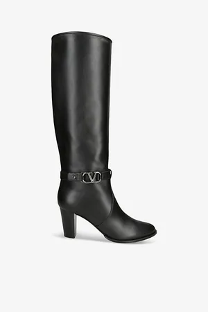 VALENTINO GARAVANI Womens V-Logo Signature Knee-High Heeled Leather Boots