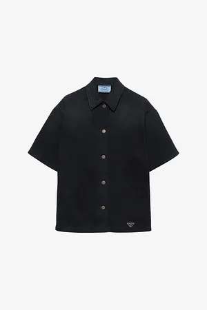Prada Womens Logo-Embellished Loose-Fit Denim Shirt