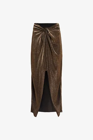 AllSaints Womens Sami Metallic Front-Knot Woven Midi Skirt