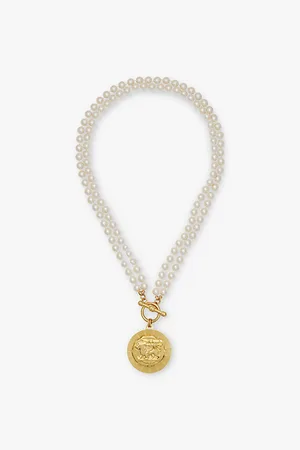 Brinker & Eliza Womens Cara 24ct Yellow Gold-Plated Brass and Pearl Medallion Necklace