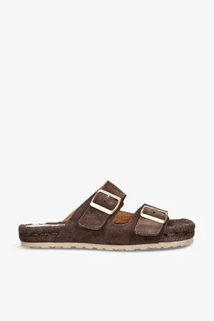MANEBI Womens Hamptons Nordic Double-Buckle Flat Suede Sandals