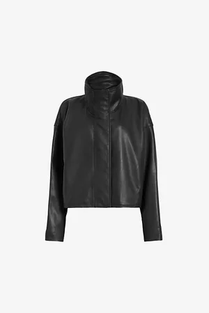 AllSaints Womens Ryder Funnel-Neck Relaxed-Fit Leather Jacket