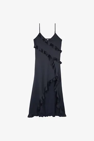 The Kooples Womens Ruffled Asymmetric Woven Midi Dress