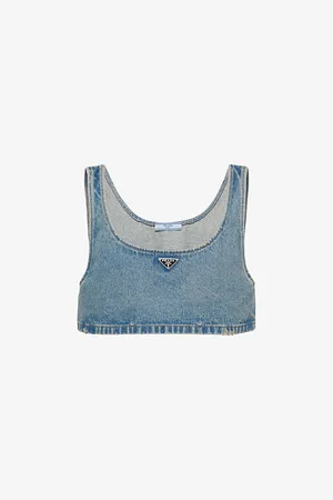Prada Womens Logo-Plaque Denim-Chambray Crop Top