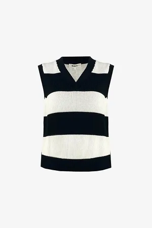Ro&Zo Womens V-Neck Relaxed-Fit Striped Cotton-Knit Vest