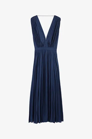Maje Womens V-Neck Pleated Woven Maxi Dress