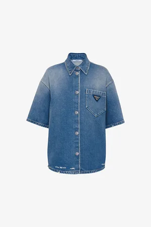 Prada Womens Brand-Plaque Relaxed-Fit Denim Shirt
