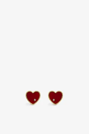 YVONNE LÉON Heart 9ct Yellow-Gold, 0.02ct Brilliant-Cut Diamond and Red Agate Stud Earrings