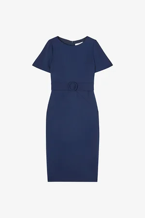 LK Bennett Womens Klaudia Crew-Neck Belted-Waist Stretch-Woven Midi Dres