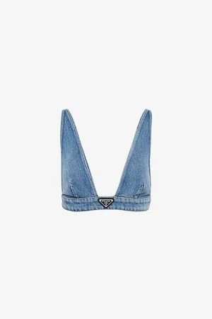 Prada Womens Logo-Badge V-Neck Cropped Denim Top