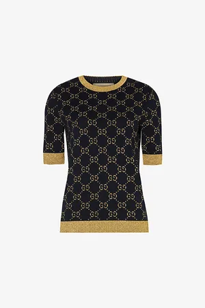 Gucci Womens Monogram-Pattern Ribbed-Trim Cotton-Blend Knitted Top