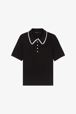 Maje Womens Pointelle-Collar Short-Sleeve Cotton Polo Shirt