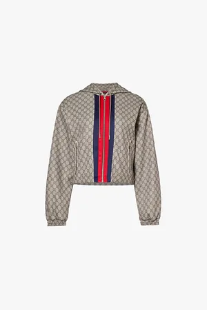 Gucci Womens Monogram-Print Cropped Woven-Blend Jacket