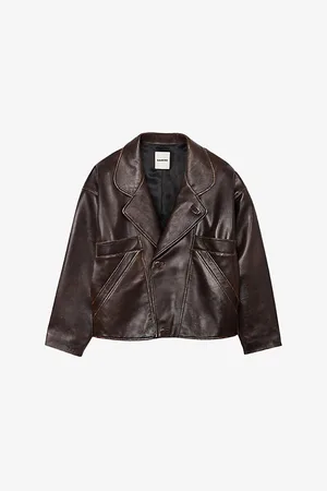 Sandro Womens Oversized-Collar Relaxed-Fit Leather Jacket