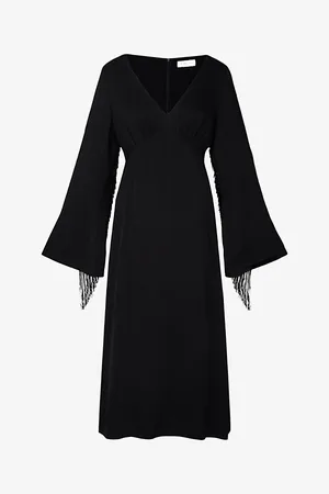By Malina Womens Sasha V-Neck Fringed Woven Midi Dress