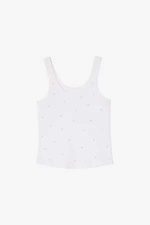 Sandro Womens Rhinestone-Embellished Round-Neck Stretch-Cotton Tank Top